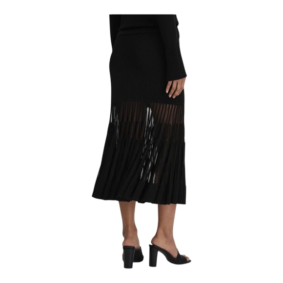 Reiss TillyWomens Long Skirt Black Knitted Sheer Flared Midi Ribbed Size Large - Picture 4 of 12